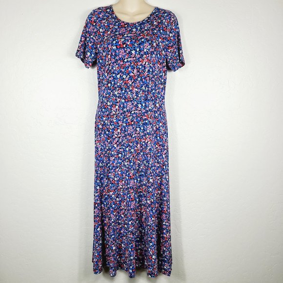 Draper James Midi Dress S Blue Multicolor Stretch Knit A-Line Short Sleeve Midi - Picture 2 of 7